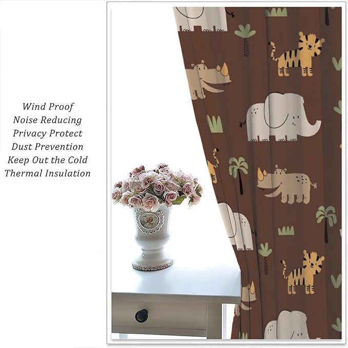 Jungle Safari Animals Blackout Curtains Cartoon Tropical Forest Animals Elephant Tiger Brown Art Print for Kids Boys Bedroom Nursery Rod Pocket Decoration Window Drapes 2 Panels W42xL84in