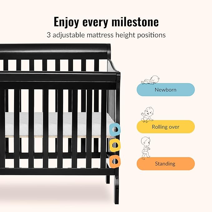 Dream On Me Aden 4-in-1 Convertible Mini Baby Crib in Black, GreenGuard Gold & JPMA, Sustainable Pinewood, Non-Toxic Finish, 3 Mattress Heights, Converts to Mini Day & Twin-Size Bed