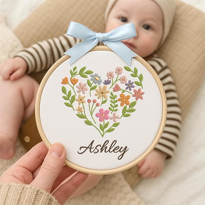 Personalized Baby Name Sign Welcome Baby Announcement Sign Newborn Baby Embroidery Hoop with Bows Baby Hospital Name Sign Custom Infant Baby Name Baby Shower Gifts (05)