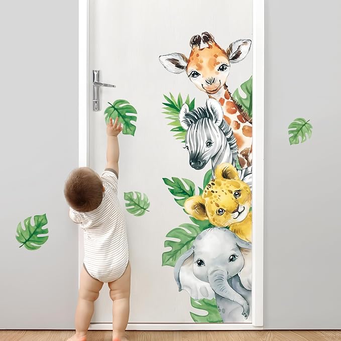 Tanlaby Jungle Animal Wall Stickers Cartoon Animal Wall Decals Giraffe Zebra Elephant Green Leaves Wall Art for Kids Baby Nursery Bedroom Playroom Decor，Right