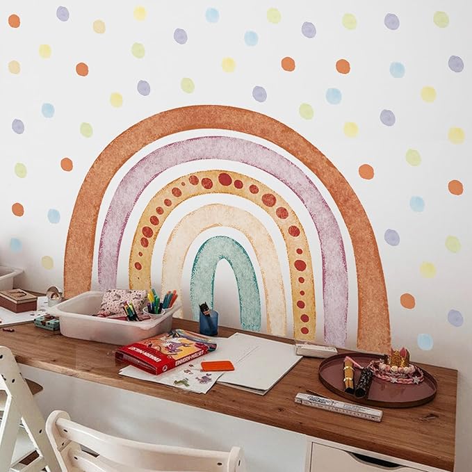 Large Rainbow Wall Decals, Colorful Watercolor Rainbow Wall Stickers, Peel and Stick Pastel Polka Dots Wallpaper for Girls Bedroom Nursery Classroom Wall Decor