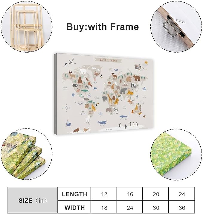 KIPNG Kids World Map - Playroom Animal World Map - Nursery Educational Poster Canvas Poster Wall Art Picture Paintings for Living Room Bedroom Decoration Frame-style16x24inch(40x60cm)
