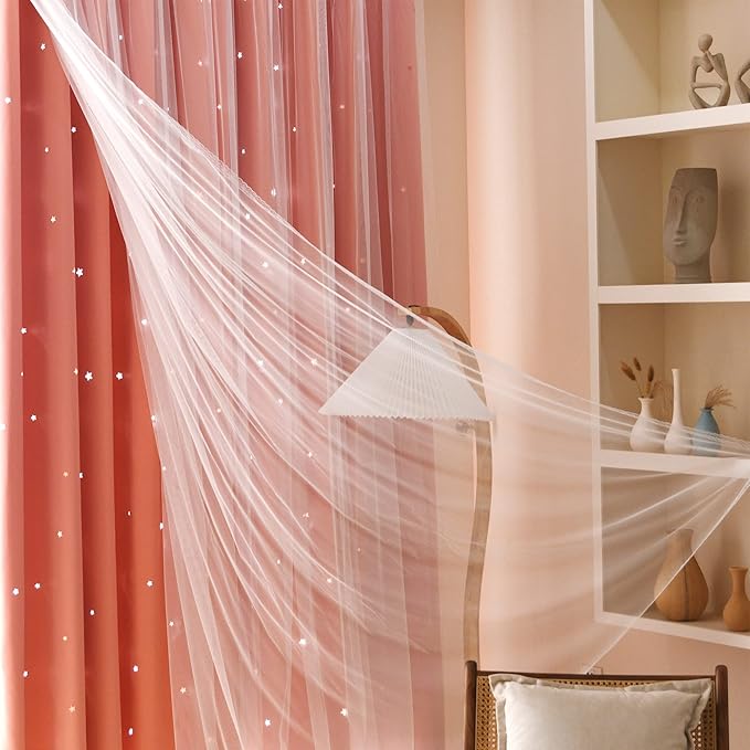 Kinryb Princess Small Curtains for Girls Bedroom with Sheer Overlay,Double Layer Curtain for Living Room with Star Cutout, Curtains for Kids Room (52 W*45 L Inches,2 Pcs Coral)