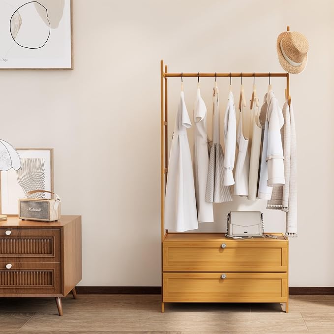 Clothing Rack with Shelves,Bamboo Clothes Rack,Natural Clothes Rack Hanging,Drawers Hanging Rack,Garment Rack with Shelves(27.6inch Width Natural)