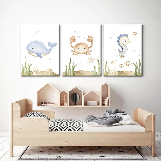 Wodkwq Ocean Nursery Decor, Set of 3 Framed Canvas Art Prints, 16x24in, Under The Sea, Boys Room, Bathroom, Bedroom