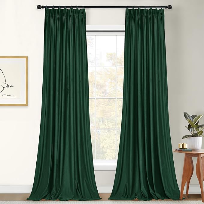 StangH Pinch Pleat Green Velvet Curtains for Living Room, Luxury Room Darkening Plush Window Drapes Thermal Insulated Christmas Decor Backdrops for Hotel Hall Party, W42 x L90, 2 Panels