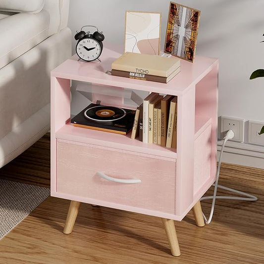 Night Stand with Charging Station, Pink Kids Nightstand with Drawer, 2-Tier Nursery Bedside Table with USB Ports and Outlets, End Table for Small Space, Living Room, Bedroom