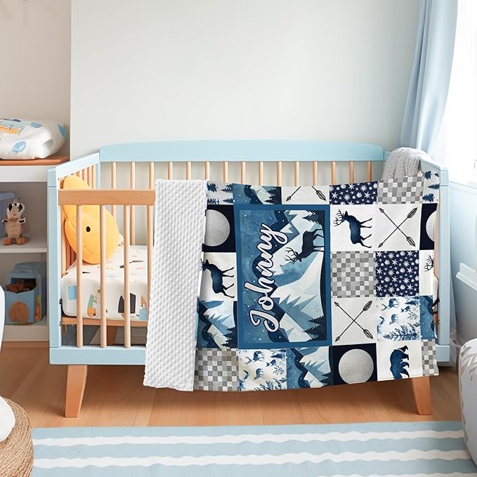 Personalized Baby Blankets for Girls Boys, Custom Blue Deer Baby Blanket with Name for Kids, Flannel Bed Throw Blanket for Newborn, Customized Gifts for Baby Shower Nursery Blanket(47" x60)