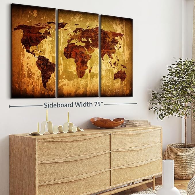 ElephantStock Vintage World Map Wall Art Multi Piece Canvas - 3 Piece Canvas World Map Wall Decor -Wall Decor - Ready-to-Hang Print - Vintage Wall Art - 74" X 48"