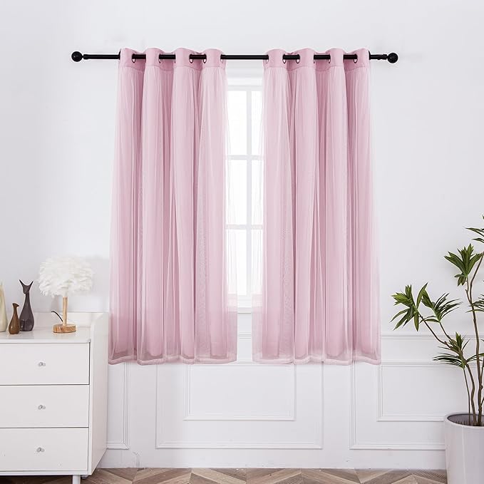 INLINAS Pale Pink Blackout Curtains with Sheer Overlay - Grommet Top Thermal and Noise Reduction Panels for Bedroom and Living Room Light Blocking and Energy Saving, 52 x 63 Inches, Set of 2