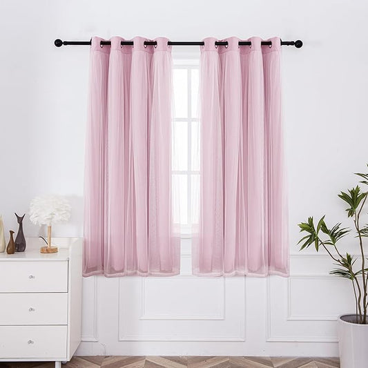 INLINAS Pale Pink Blackout Curtains with Sheer Overlay - Grommet Top Thermal and Noise Reduction Panels for Bedroom and Living Room Light Blocking and Energy Saving, 52 x 63 Inches, Set of 2