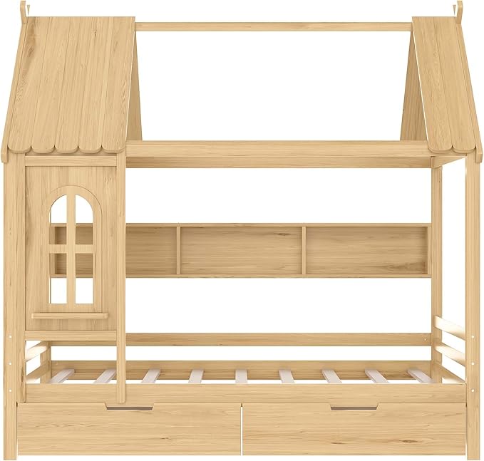 MERITLINE Full Size House Bed with Storage Drawers & Window, Solid Wood Platform Bed Frame with Shelves, No Spring Box Needed, Childlike Design for Kids, Girls, Boys, Natural