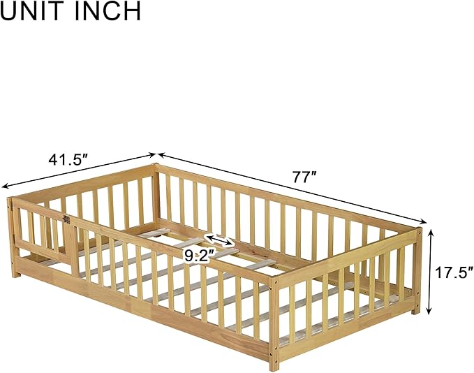 Twin Size Montessori Floor Bed with Slats, Twin Size Floor Bed with Door and Fence, Easy Assemble Montessori Beds for Girls, Boys, Natural
