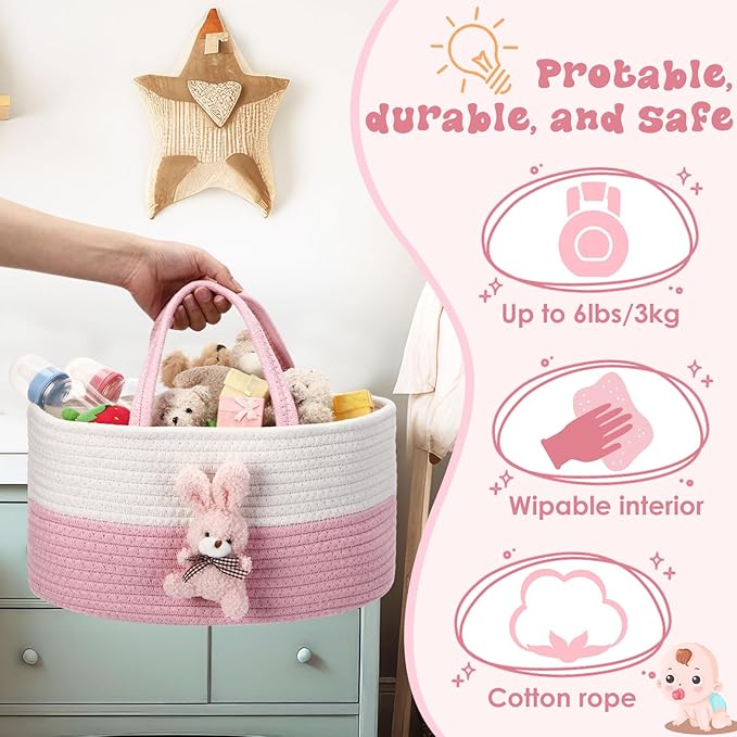 Bunny Baby Diaper Caddy Organizer Cotton Rope Nursery Storage Bin Basket Baby Shower Basket Gift Portable Holder Tote Bag with Handle for Changing Table Car Travel Registry Newborn Gift