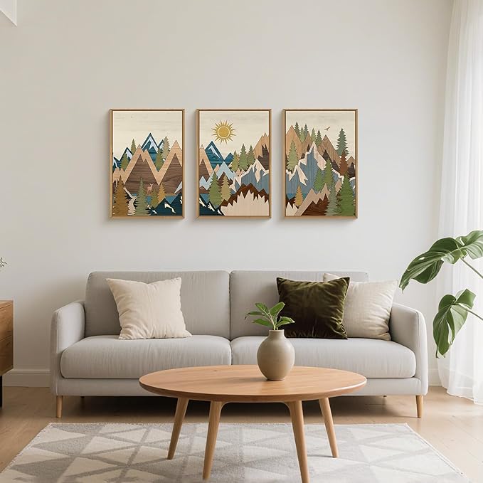 FWIEXA Large Mountain Woodcut Style Canvas Wall Art Set of 3, Sunrise Pine Tree Wall Decor, Forest Animal Painting, Farmhouse Nature Landscape Art, 24x36In Rustic Artwork for Living Room, Bedroom