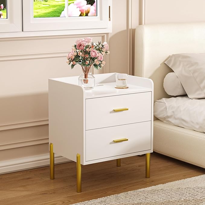 Vabches Nightstand with Built-in Charging Station, White Mid Century Modern Nightstand for Bedroom, Stylish End Tables for Lamps, Books