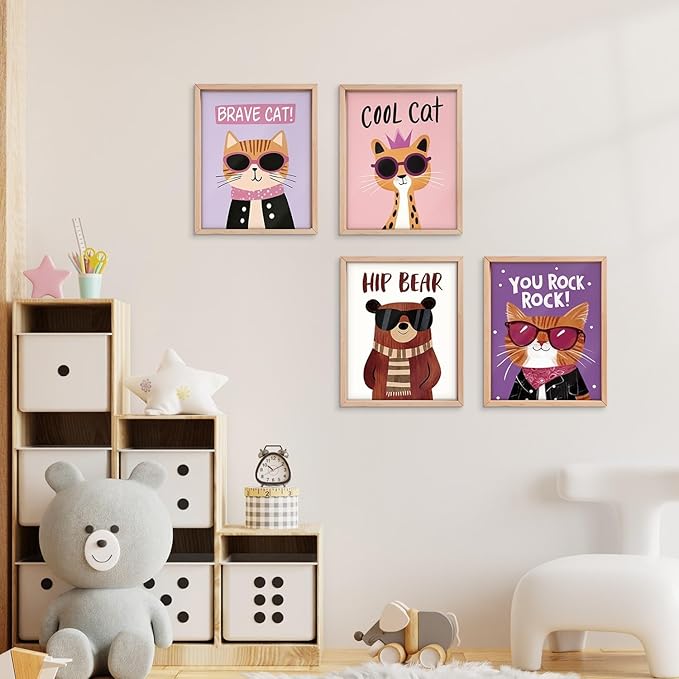 VONTP Funny Cat Bear Wall Art Decor, Cat Bear Animal Nursery Prints Poster Wall Decorations for Kids Boys Girls Nursery Toddler Room Bedroom Playroom Classroom, 8x10 Inch Set of 4 (Unframed)