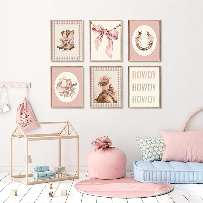 Western Cowgirl Nursery Wall Art Decor Vintage Girl Room Canvas Poster Pink Coquette Nursery Art Prints Preppy Aesthetic Pictures Bow Floral Boots Artwork for Girls Bedroom 12x16 Inch Unframed 6Pcs