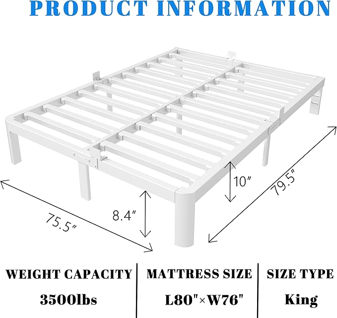 10 Inch White King Size Bed Frame, Metal King Bed Frame with Baffles, No Box Spring Needed, Heavy Duty Steel Platform Support, Rounded Corner Legs, Reserved Holes, Noise Free, Storage Space