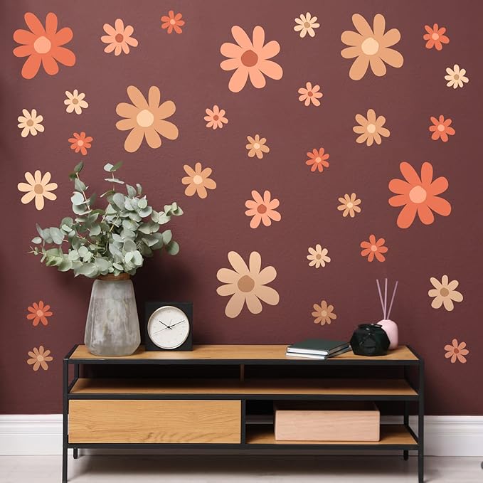 TaoBary 12 Sheets Daisy Wall Decal Flower Wall Sticker Cute Daisy Sticker Pink White Flower Decal Peel and Stick Floral Wallpaper for Nursery Bedroom Home Decor(Orange,Colorful Style)