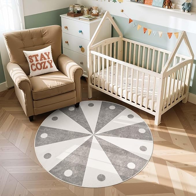 jinchan 5ft Round Rug Grey Washable Fun Cute Playroom Mat Non Slip Cheerful Circle Cool Rug Soft Cozy Low-Profile Gray Playful Carousel Throw Carpet for Kids Gift Teens Dorm Entryway Bedroom