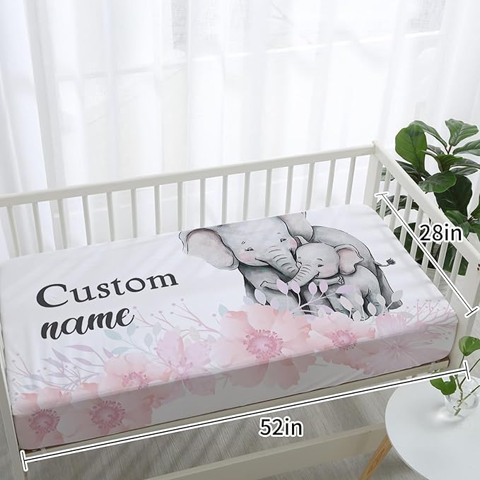 Custom Baby Crib Bedding Set,Personalized Name Pink Elephant Pattern Nursery Bed Set 4 Piece,Baby Blanket Fitted Sheet Nursery Rug Wall Art Set,Custom Room Decor Idea Gift for Newborns Boys Girls