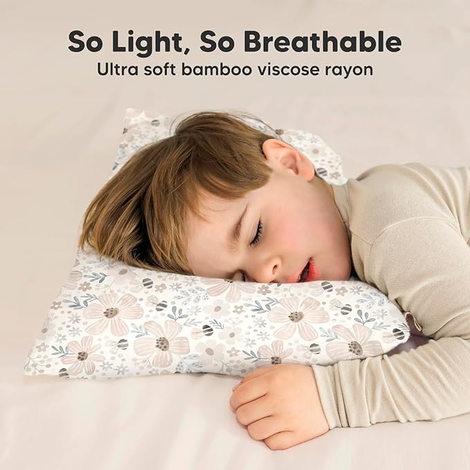 Toddler Pillow with Pillowcase - 13x18 My Little Cuddly Pillow, Viscose Derived From Bamboo Nursery Toddler Pillows for Sleeping,Kids Pillow,Small Travel Pillows,Mini Toddler Bed Pillow (Flora Vale)