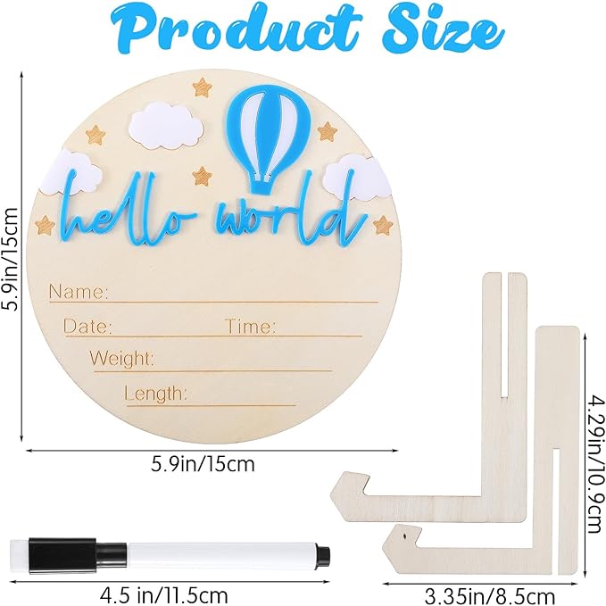 Baby Announcement Sign 5.9 Inch Wooden Hello World Newborn Signs Baby Name Plaques Birth Announcement Signs Pen Hot Air Balloon White Cloud Newborn Welcome Sign BabyShower Hospital Nursery