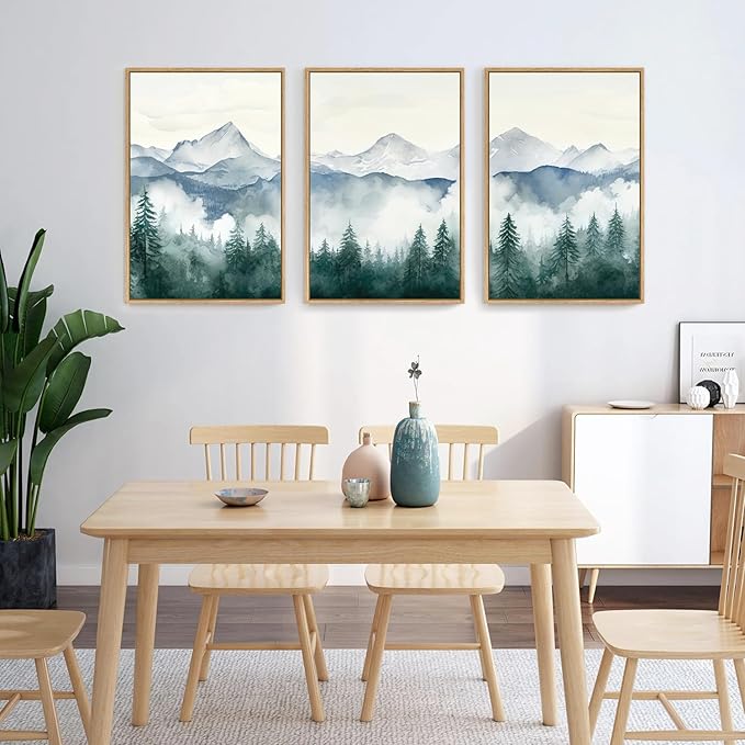 FWIEXA Mountain Framed Wall Art Set of 3, Large Mountains Canvs Pictures Wall Decor, Misty Forest Wall Painting, Foggy Nature Art Photos, 16x24 Inches for Living Room, Bedroom, Office, Home