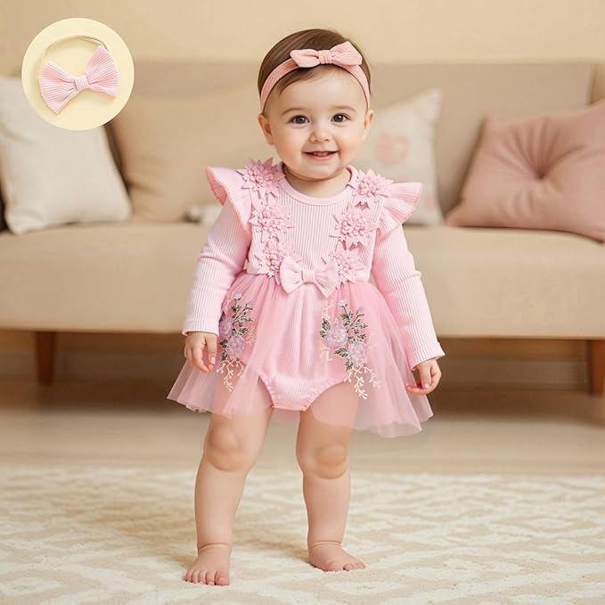 Giraropa Baby Girl Fall Winter Clothes Long Sleeve Romper Dress + Socks + Headband Newborn Infant Cute Casual Outfits