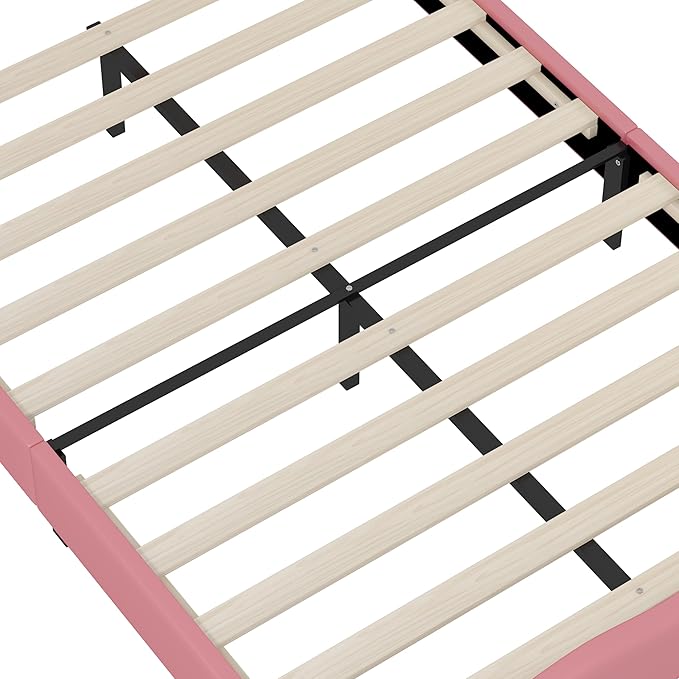 Bellemave Full Size Princess Bed Frame with Lovely Crown Shaped Headboard for Girls,Upholstered Platform Bed with Slats Support,Twin Girls Bed,Pink Cream