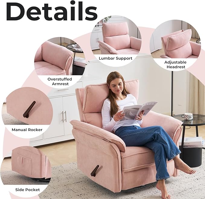 Oversized Recliner Chair, 26" Extra Wide 360° Swivel Rocker Recliner with Adjustable Headrest, Chenille Glider Rocking Nursery Chair with Overstuffed Armrest, Lumbar Support, Pink