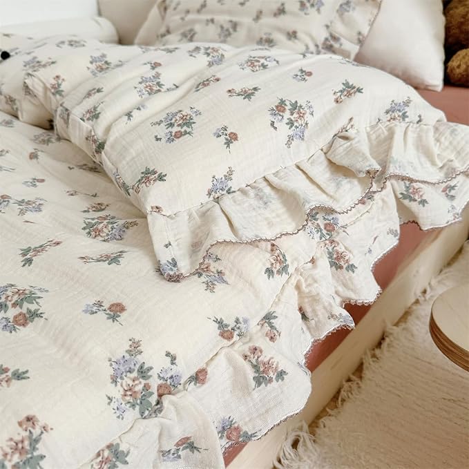 AOJIM Floral Print Muslin Cotton Duvet Cover for Kids Adults, 1pc Super Soft Bedding Comforter Cover for Girls Women, 2-Layer Gauze Ruffled Edges Duvet Protector 79X90'', Machine Washable, No Quilt