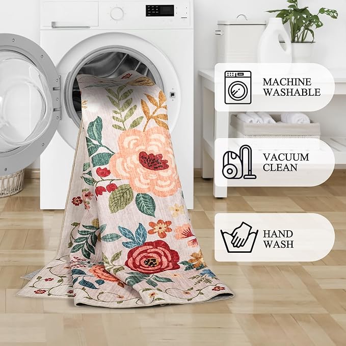 DUKINO Runner Rug, 2x7 Boho Kitchen Rug for Hallways with Low Pile Design, Washable Non Slip Backing Soft Floral Runner for Kitchen, Hallway, Entryway, Bedroom, Laundry, Beige