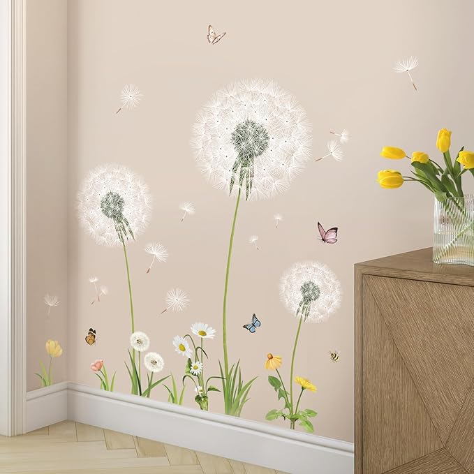 SHUCHING Large Dandelion Wall Decals Peel and Stick, Vinyl Flower Wall Sticker, Wall Decor Art Home Decoration for Living Room Bedroom Office