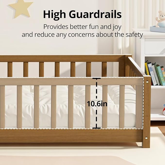 i-POOK Full Floor Bed Frame with Wood Slats, High Fence & Small Door, Pinewood Montessori Floor Bed for Girls and Boys,Light Espresso