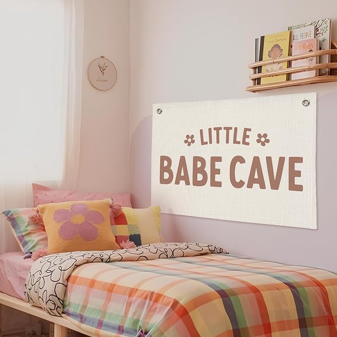 Little Babe Cave Banner, Baby Girl Nursery Decor, Toddler Boy Girl Room Decor, Baby Shower Flower Linen Canvas Banner Wall Hanging Flag 20x30 Inch