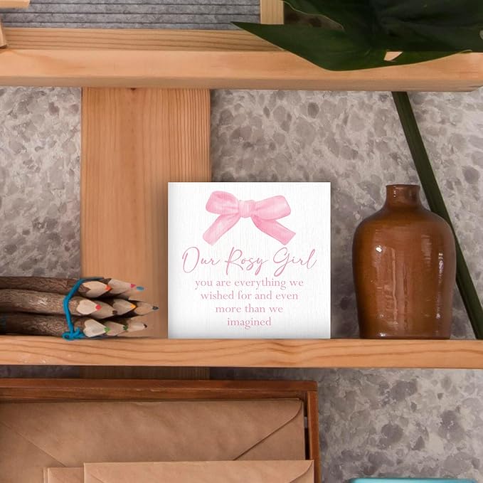 Coquette Bow Our Girl Nursery Wood Box Sign - Baby Girl Nursery Desk Shelf Decor, Pink Coquette Room Decor, Pink Inspirational Wooden Block Plaque Box Sign for Girls Room Dorm Decorations