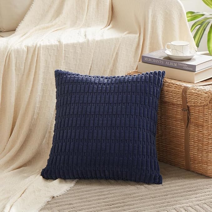 Fancy Homi 2 Packs Navy Blue Decorative Throw Pillow Covers 22x22 Inch for Living Room Couch Bed Sofa, Rustic Farmhouse Boho Home Decor, Soft Striped Corduroy Square Cushion Case 55x55 cm