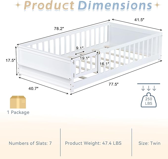 Twin Toddler Floor Bed with High Rails, Wooden Montessori Bed Frame with Door & Built-in Book Rack, Twin Size Bed Frame for Kids, Boys and Girls, White