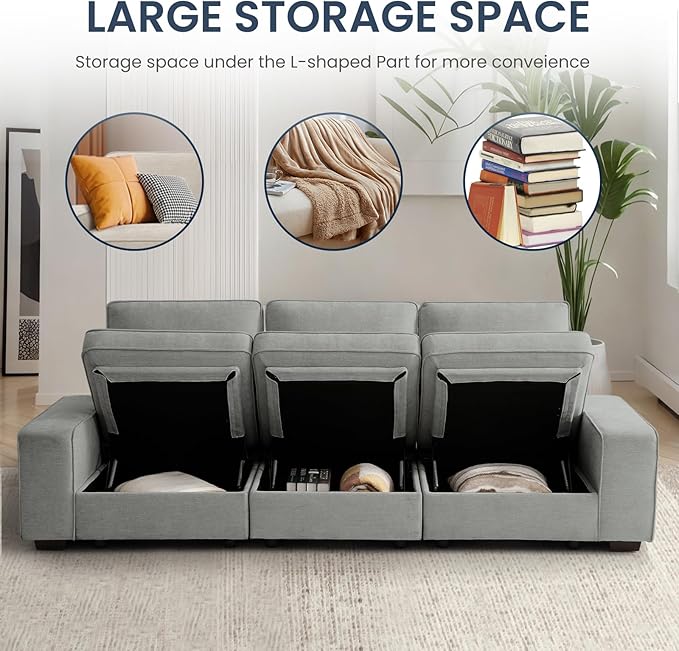 TEKAMON 100" Modular Sofa with Seats Storage, Comfy 3-Seater Chenille Fabric Couch for Living Room, Office, Apart W/Deep Seat, USB Charging, Upholstered Couch with Removable Cover(Light Grey)