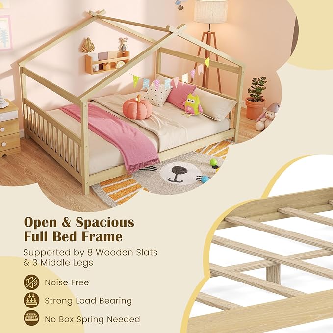 Giantex Full Size Floor Bed, Solid Wood Montessori House Bed with Roof, Headboard and Footboard, Low Full Bed Frame for Kids Teens Girls Boys, No Box Spring Needed, Natrual