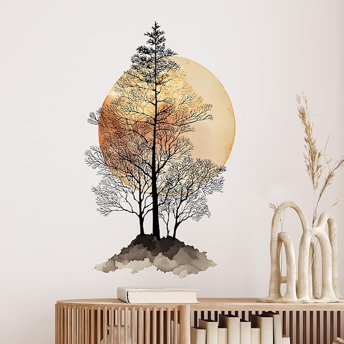 Tree and Moon Wall Decals Removable Boho Vinyl Stickers for Nursery Living Room and Kitchen Decor Peel and Stick Japanese Wall Art