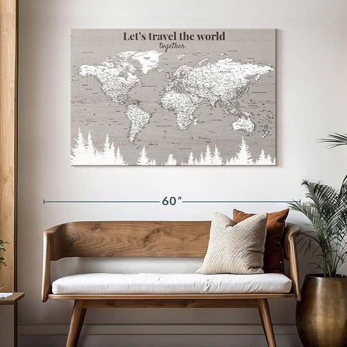 ElephantStock - Let's Travel II Push Pin World Map Wall Art - Horizontal Canvas Wall Art - Living Room Wall Decor - Digital Art Map Canvas Art - Gray And White Decor - 48" x 32"