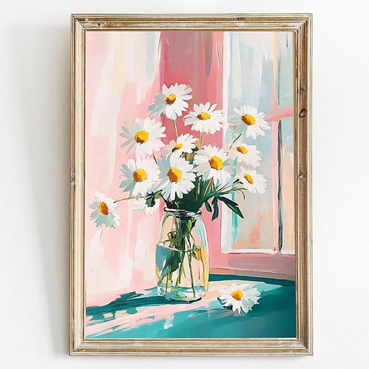 Rustic Farmhouse Floral Canvas Wall Art Flower Still Life Prints Flower In Vase Painting Modern Floral Canvas Daisy Painting White Daisy Picture Aesthetic Flowers Poster 16x24inch No Frame