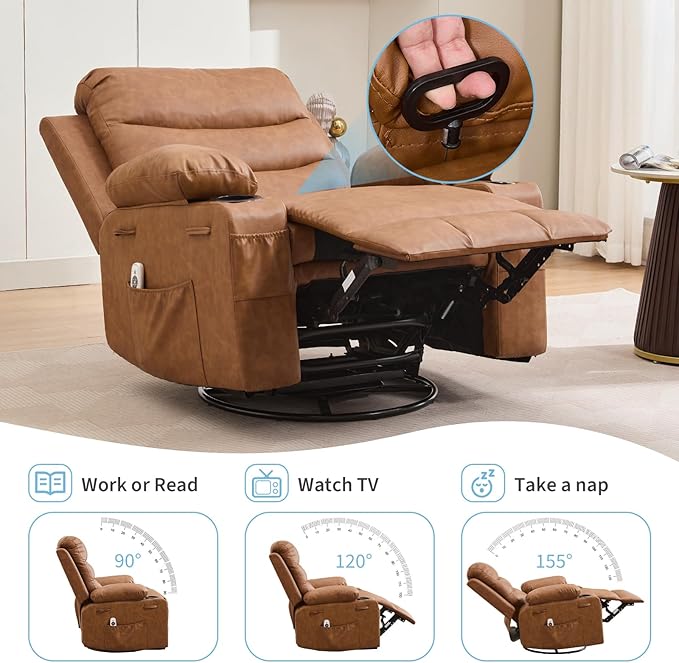 Leather Recliner Chair Nursery, Oversized Manual Reclining Rocking Chair, 360 Swivel Glider with Cup Holder, Massage and Heat Recliner, Small Sofa Chairs for Adults, Living Room, RV, Bedroom, Brown