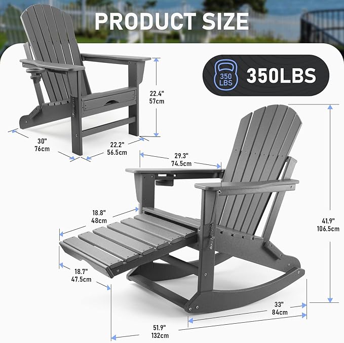 FUNBERRY Adirondack Rocking Chairs Set of 2, Multifunctional 4-in-1 Porch Rocker with Retractable Ottoman & Cup Holder HDPE All Weather