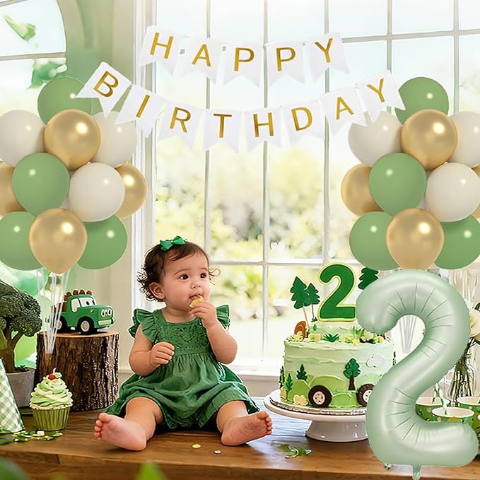 Sage 2nd Birthday Decorations For Boy -12 Inch Sage Balloons, 40 Inch Sage 2 Balloon, Happy Birthday Banner for Two Year Old BD Party Decorations