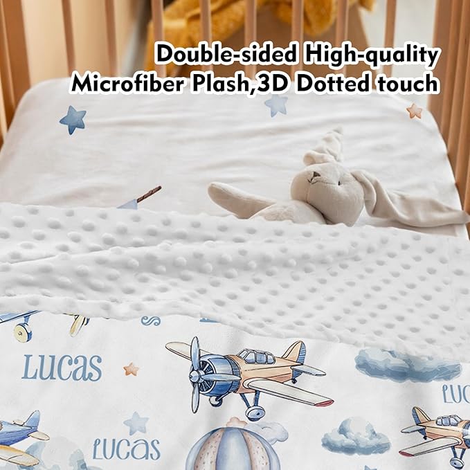 Custom Baby Crib Bedding Set,Personalized Name Toy Airplane Pattern Nursery Bed Set 4 Piece,Baby Blanket Fitted Sheet Nursery Rug Wall Art Set,Custom Room Decor Idea Gift for Newborns Boys Girls