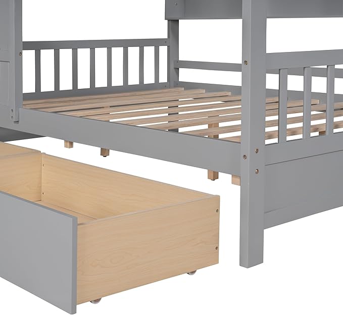 Modern Full Size House Bed with Roof and Window, Wooden Daybed Frame with Shelves and 2 Drawers,Bedroom Furniture for Girls & Boys (Gray+2 Drawers*)
